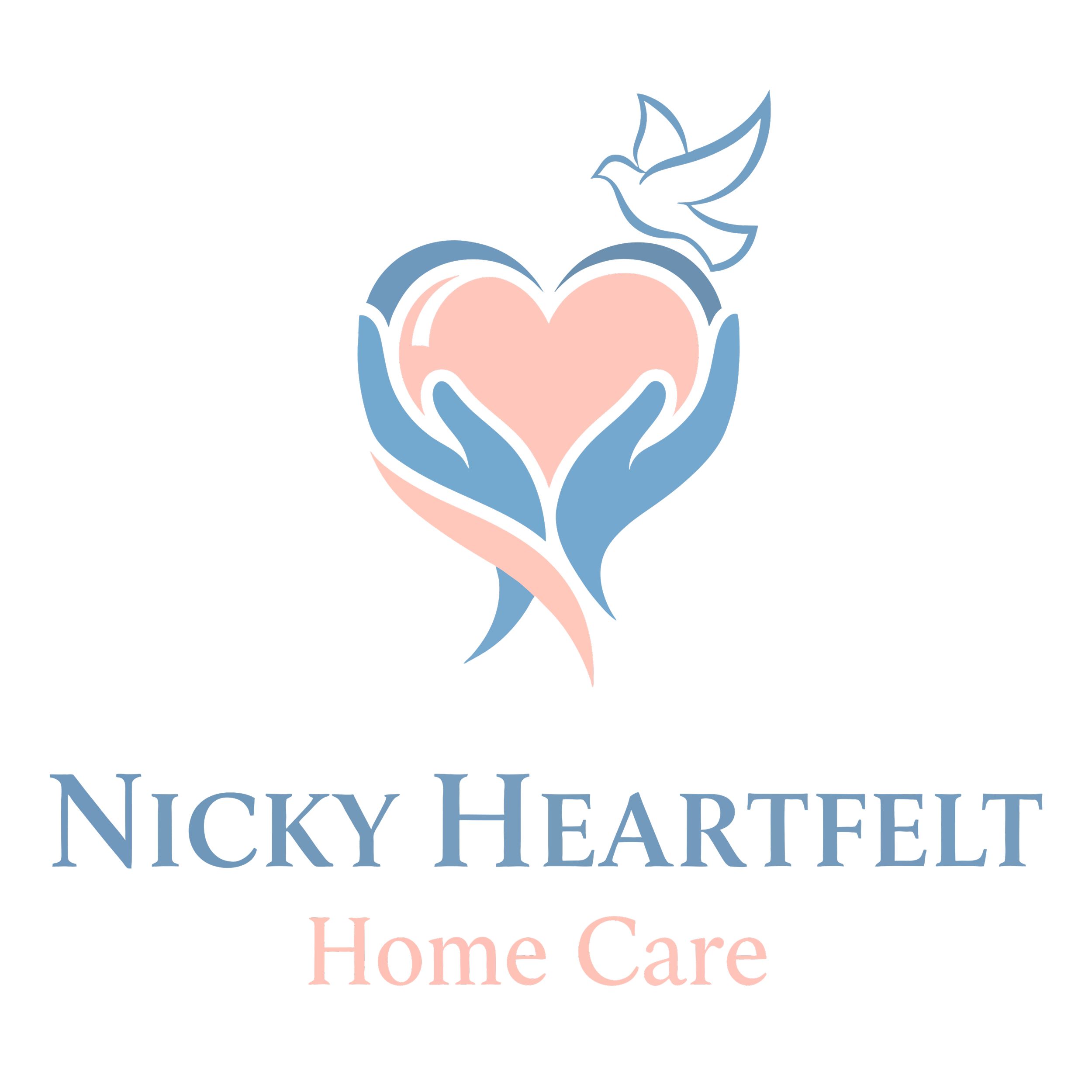 Logo for Nicky Heartfelt Home Care featuring a heart held by two hands with a bird above, in pastel pink and blue colors, with the text 'Nicky Heartfelt Home Care' underneath.