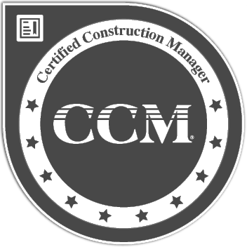 Certified Construction Manager (CCM) badge with a circular design, stars around the border, and the text 'Certified Construction Manager' and 'CCM' in the center.