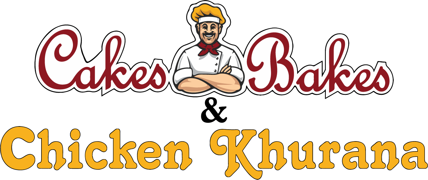 Logo for Cakes Bakes featuring a cheerful chef with crossed arms, with the words 'Cakes Bakes' in cursive above and 'Chicken Khurana' in bold below.
