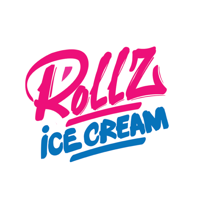 Logo for Rollz Ice Cream with pink 'Rollz' text and blue 'Ice Cream' text on a white background.