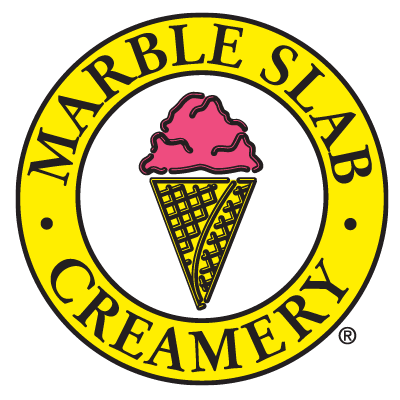 Logo of Marble Slab Creamery with a pink ice cream scoop in a cone