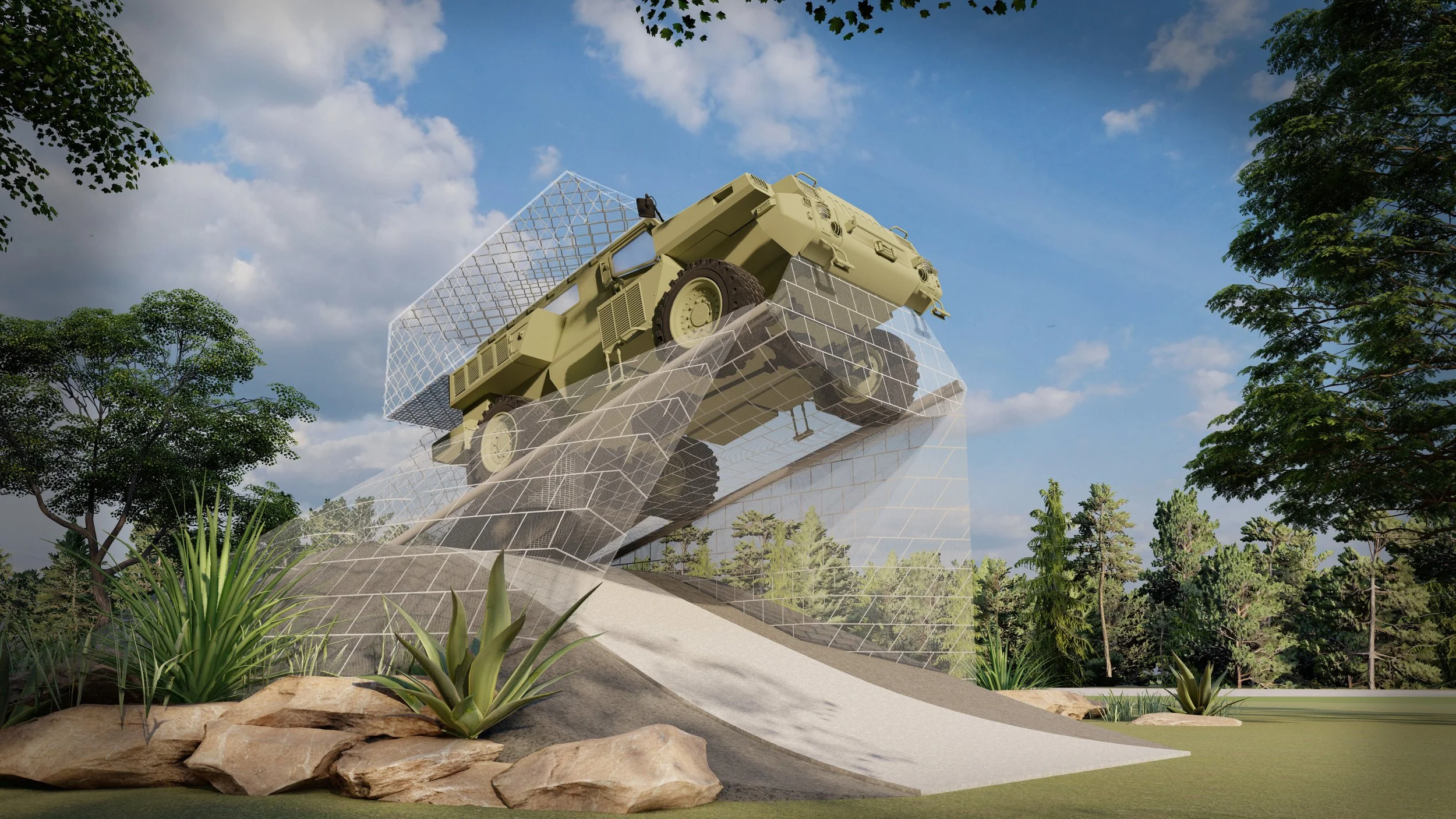 A repurposed Humvee transformed into an adventure playground structure, designed for climbing and exploration in an outdoor park setting.