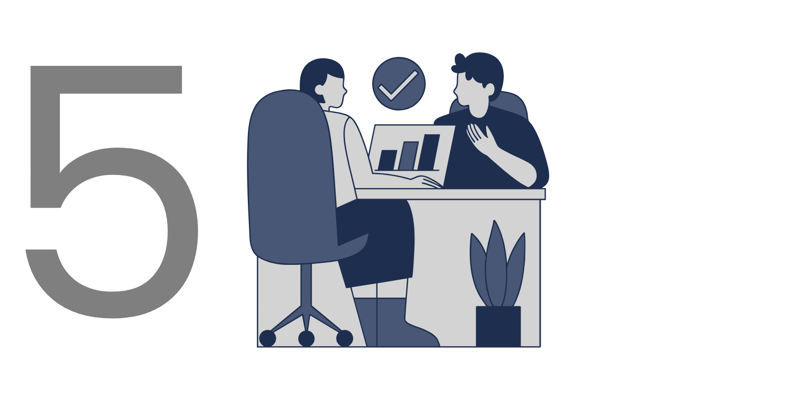 Two people sitting at a desk in an office with a laptop, discussing data or graphs, with a large checkmark icon above
