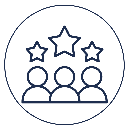 Outline icon of three people with three stars above them, enclosed in a circle.