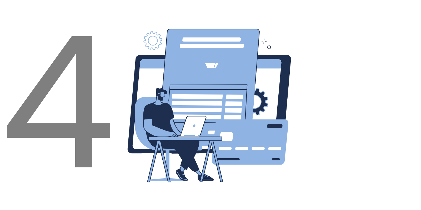 Illustration of a person sitting at a desk with a laptop, with a large digital interface behind them, featuring gears and interface elements in blue tones.