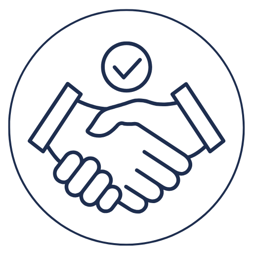 Icon of two hands shaking with a checkmark above, symbolizing agreement or partnership.