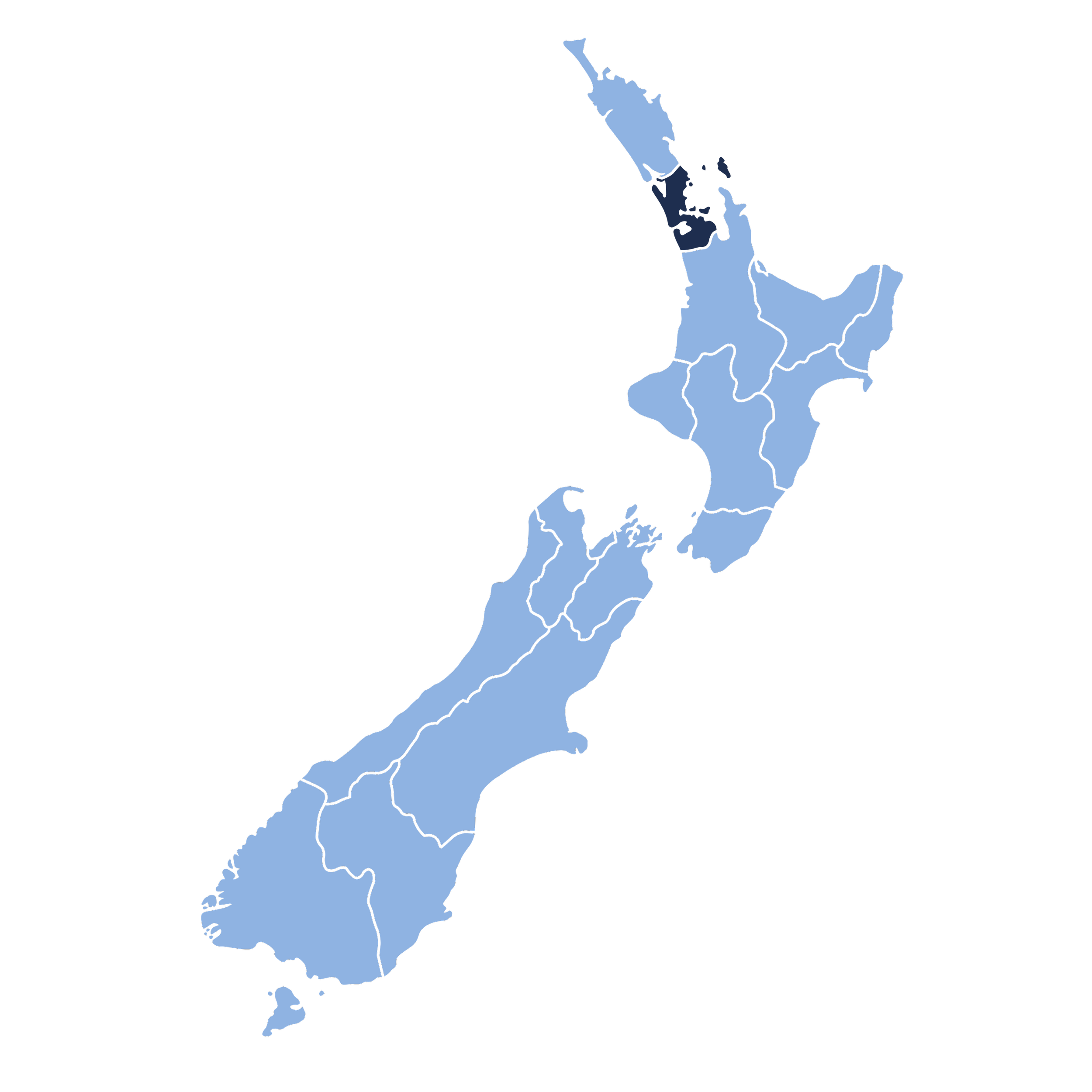 A map of New Zealand showing its regions in blue, with black outlines and labels.