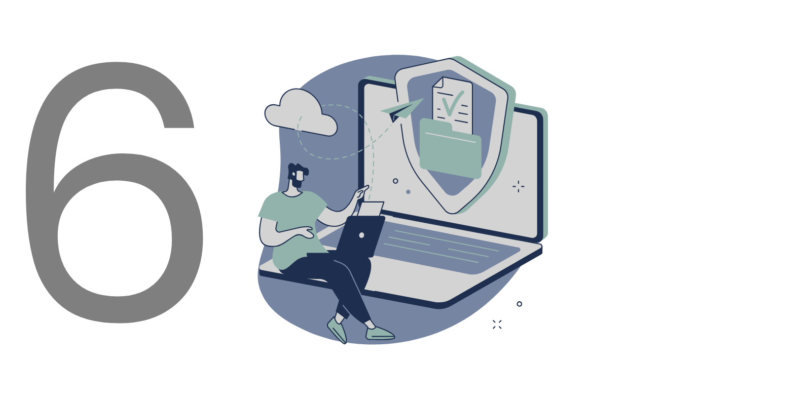 Illustration of a man sitting with a laptop, pointing to a large screen displaying a shield with a checkmark, documents, and folders, symbolizing online security and data protection.