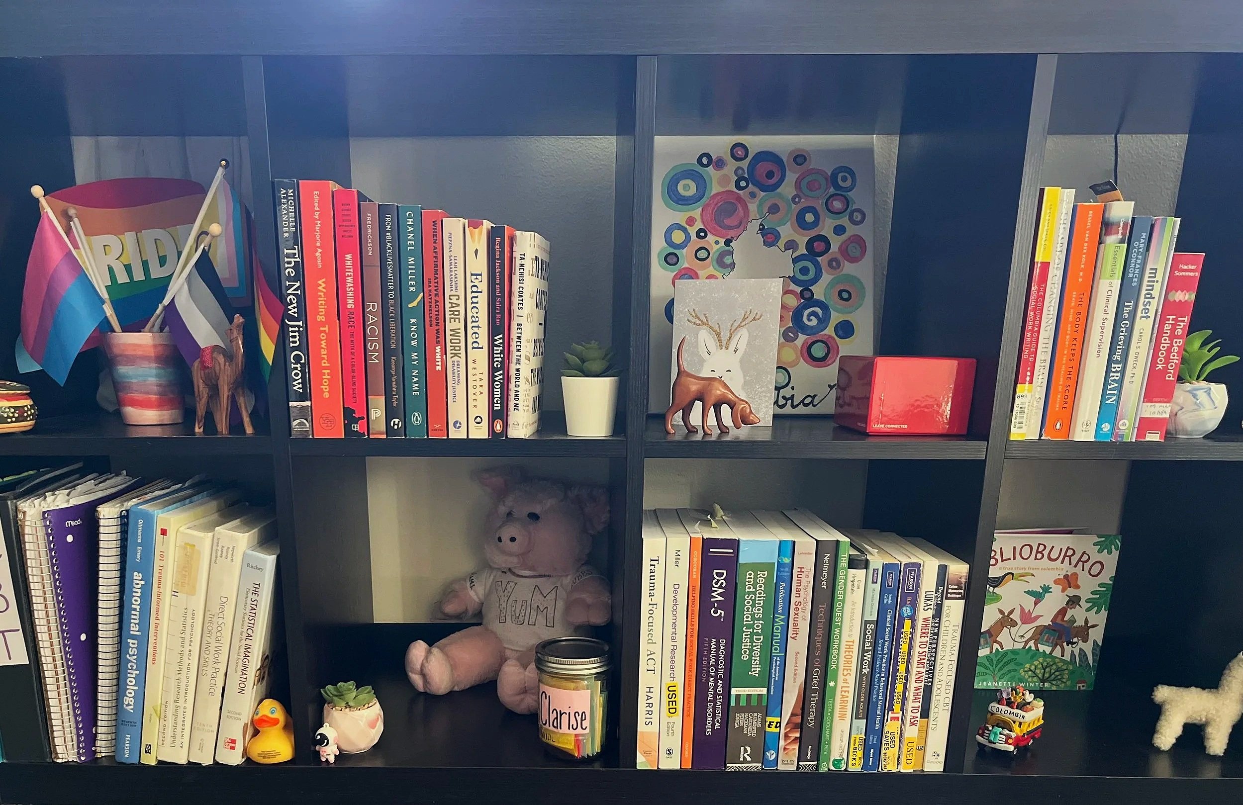 A black bookshelf with various books, decorative items, and small plants. Items include a small pink pig plush, a yellow rubber duck, colorful flags, and a framed artwork of a peacock with a colorful feather display.