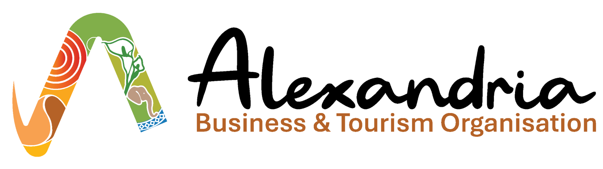Logo for Alexandria Business and Tourism Organisation, featuring a stylize sand dunes, a flower, an elephant, and colorful waves, with the organisation's name in black and brown text.