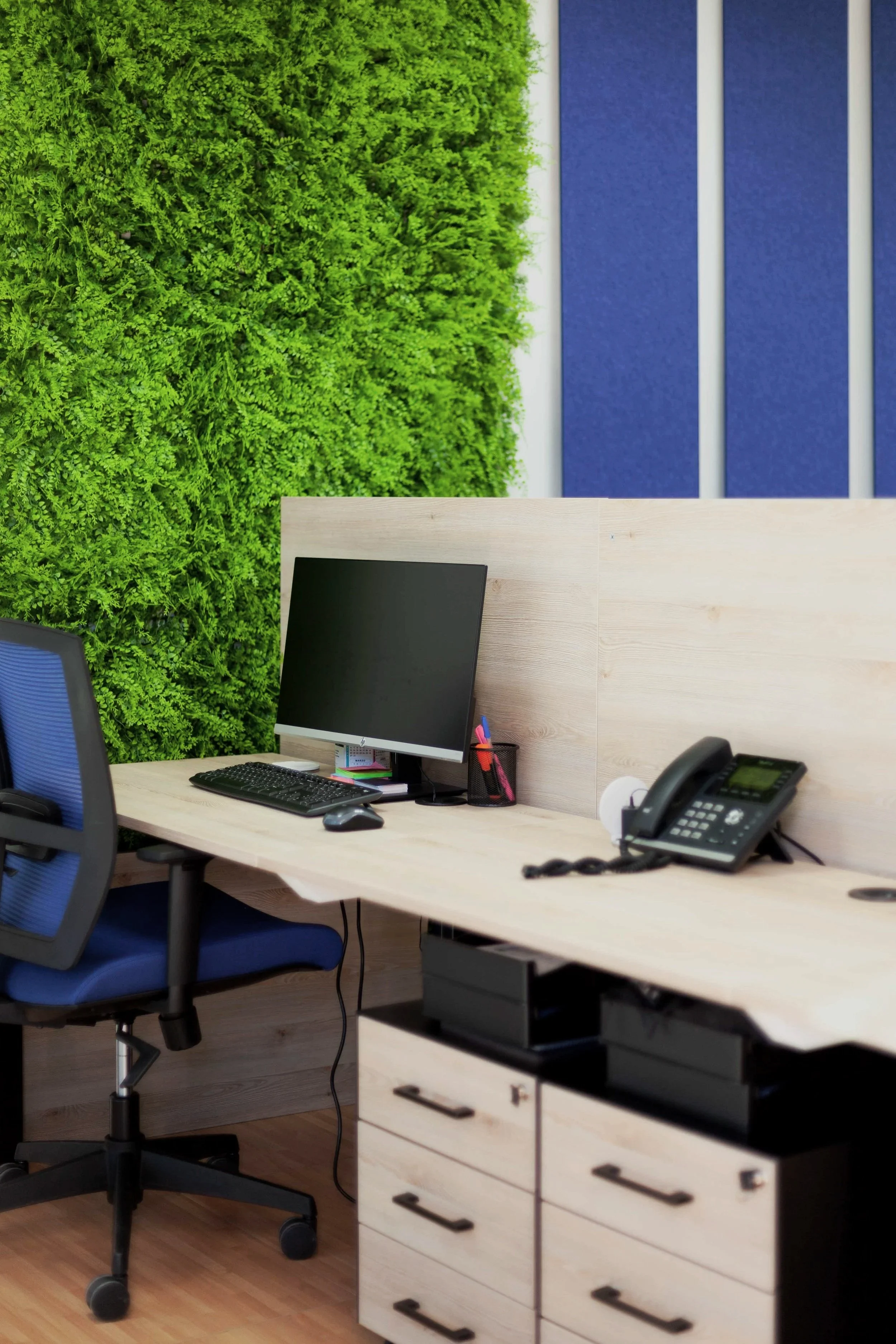 Office desk with a computer monitor, keyboard, mouse, office chair, and a phone, with a green wall and blue acoustic panels in the background.