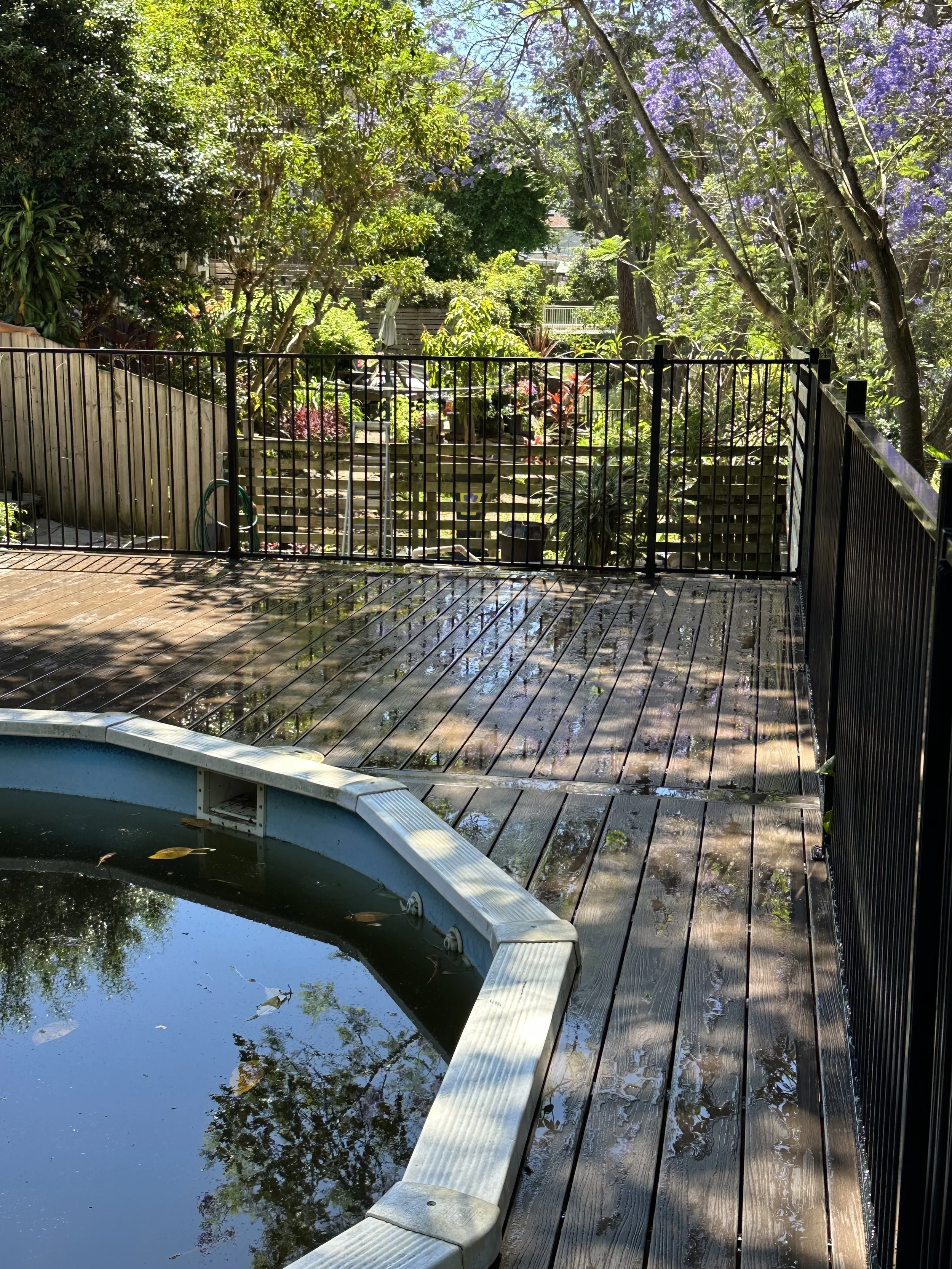 A backyard with a wooden deck, a black metal fence, and a hot tub filled with water. The yard is lush with green trees and flowering plants, including purple blossoms. The sunlight filters through the trees, creating shadows on the deck.