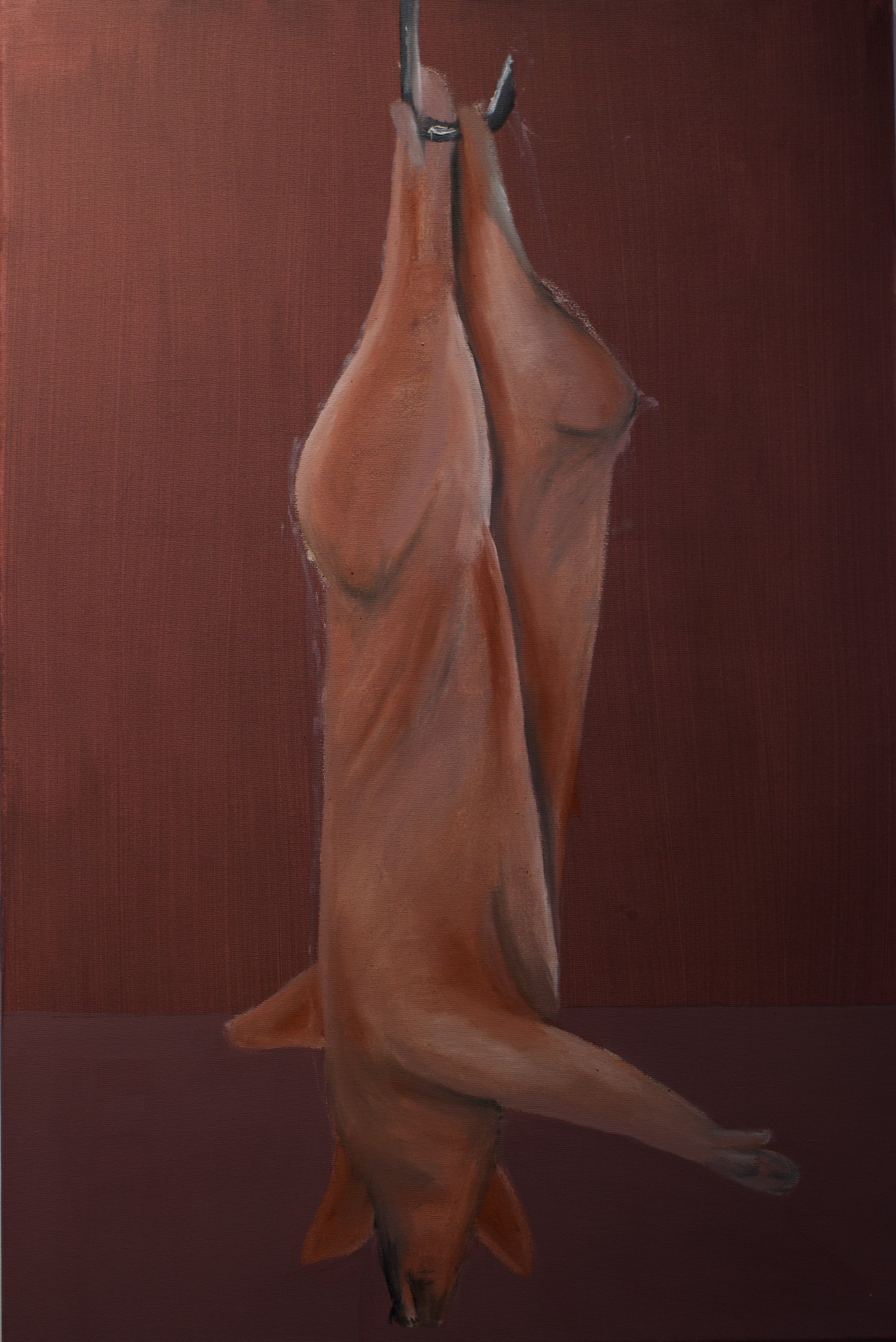 Ölgemälde eines toten Fuchses, der mit hochgezogenem Kopf an einer Wand hängt.