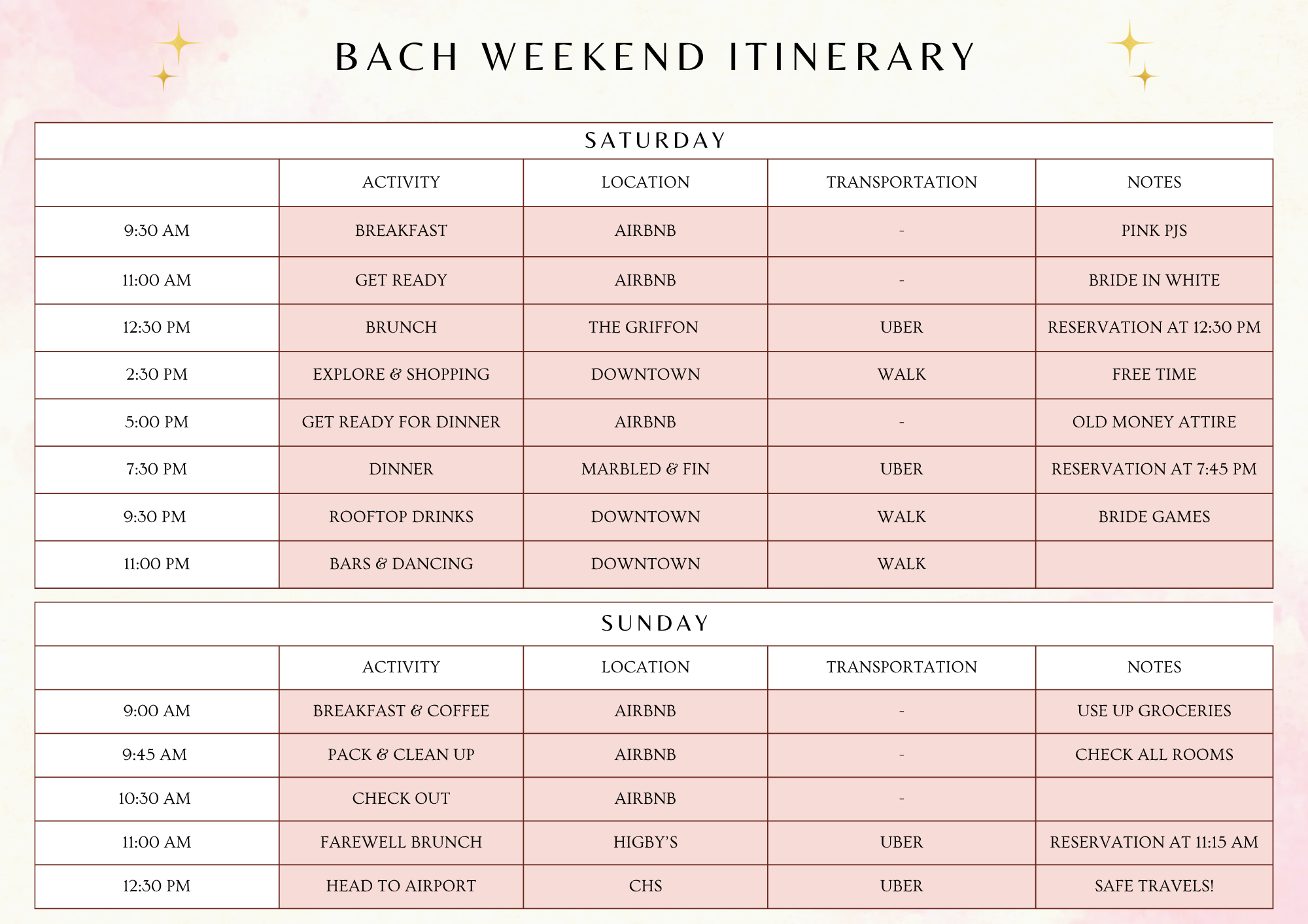 Bach Itinerary | Editable Canva Template