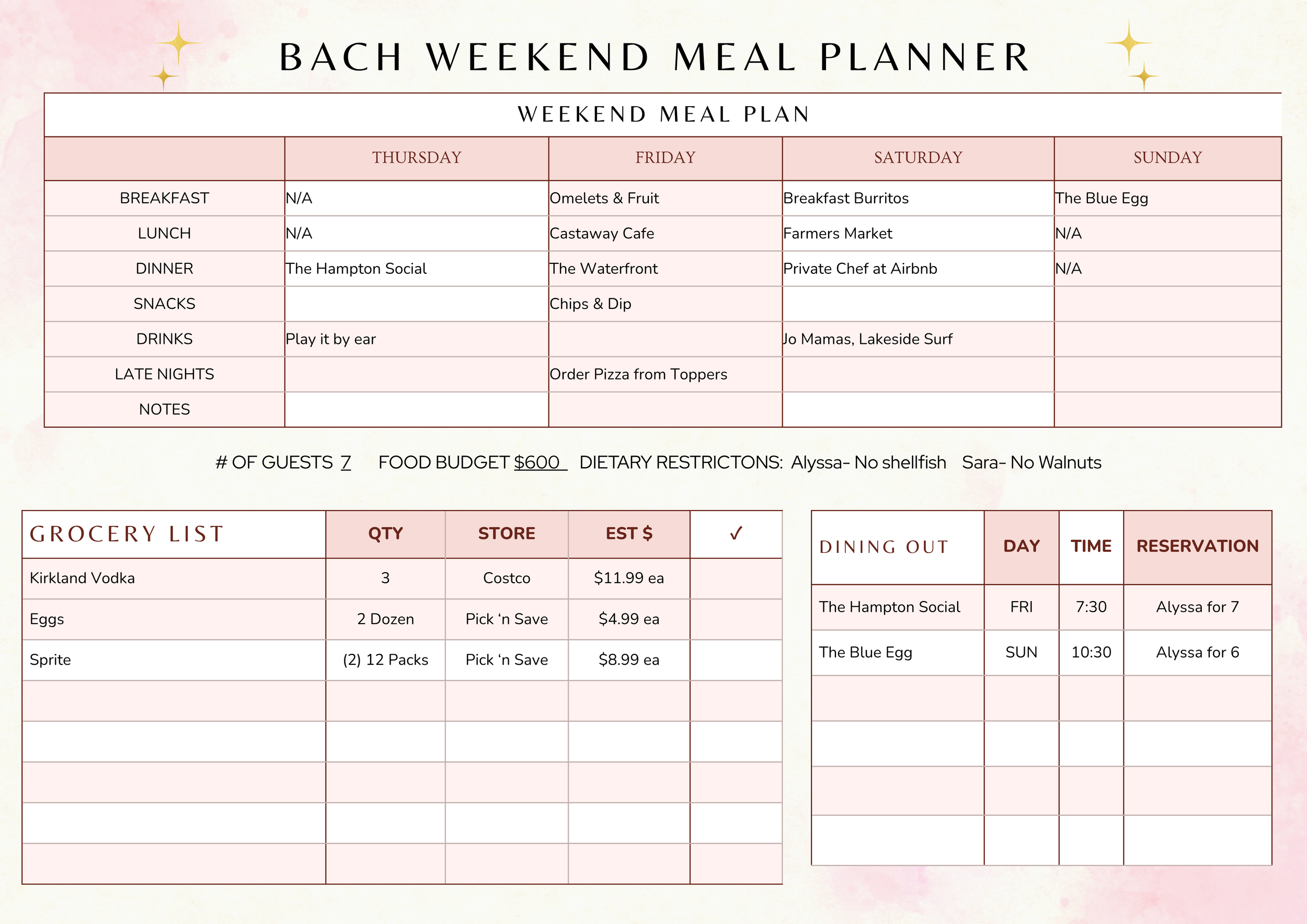 Bach Weekend Meal Planner | Editable Canva Template