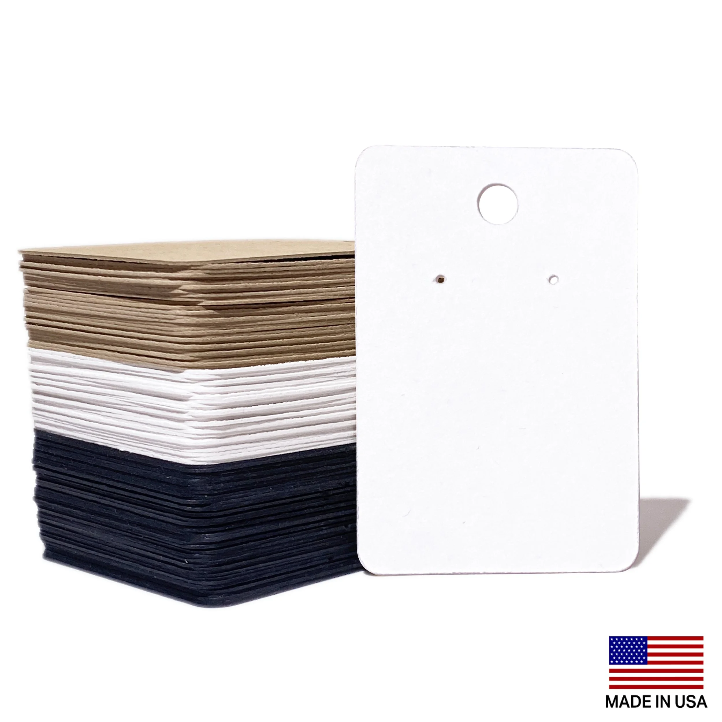 2x3 inch earring display cards, Single Hole for Studs, white, 125lb 338gsm, plain with hook peg hole, wholesale bulk orders, earring cards, made in USA