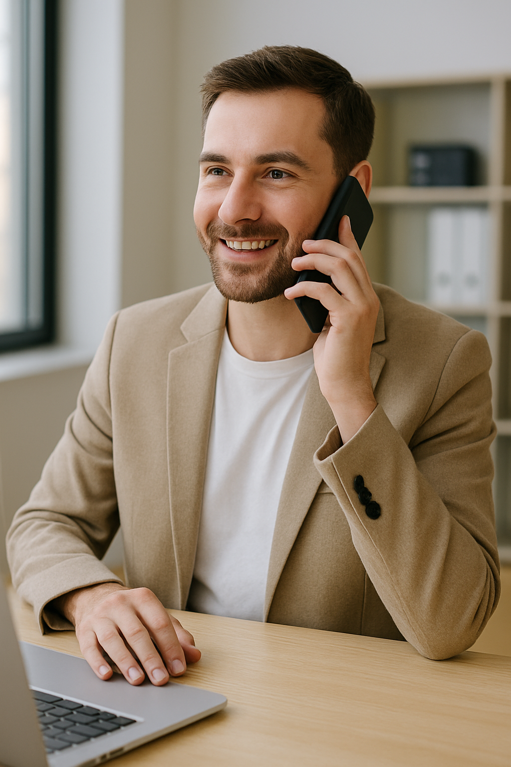 office worker taking a phone call at his desk, smiling while working on a laptop in a bright modern workspace.