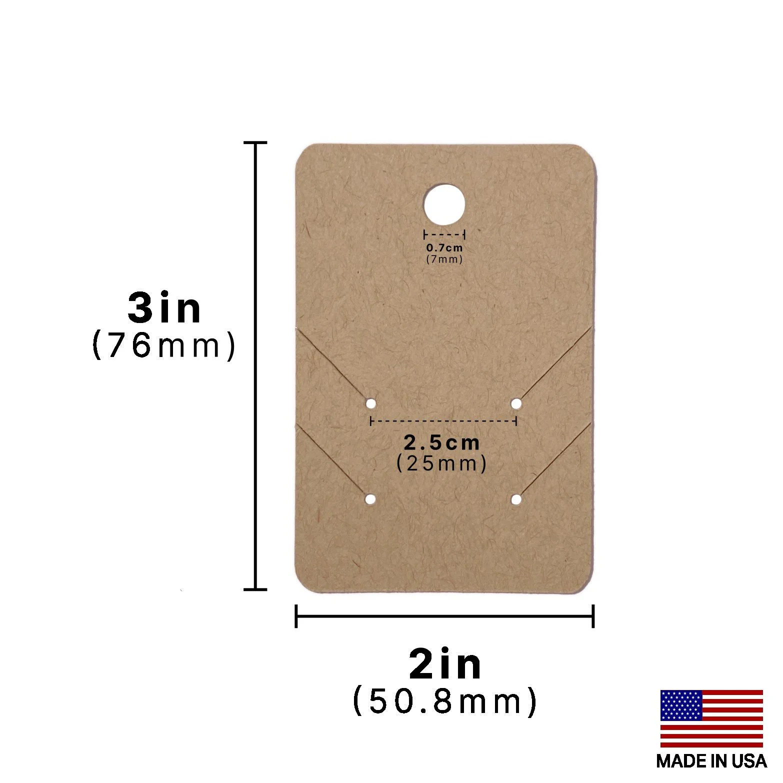 KNF-013_2x3 inch necklace and earring display card with measurements, Double Slit for Two Necklaces, kraft, 125lb 338gsm, plain or preprinted, wholesale bulk orders, made in USA.jpg