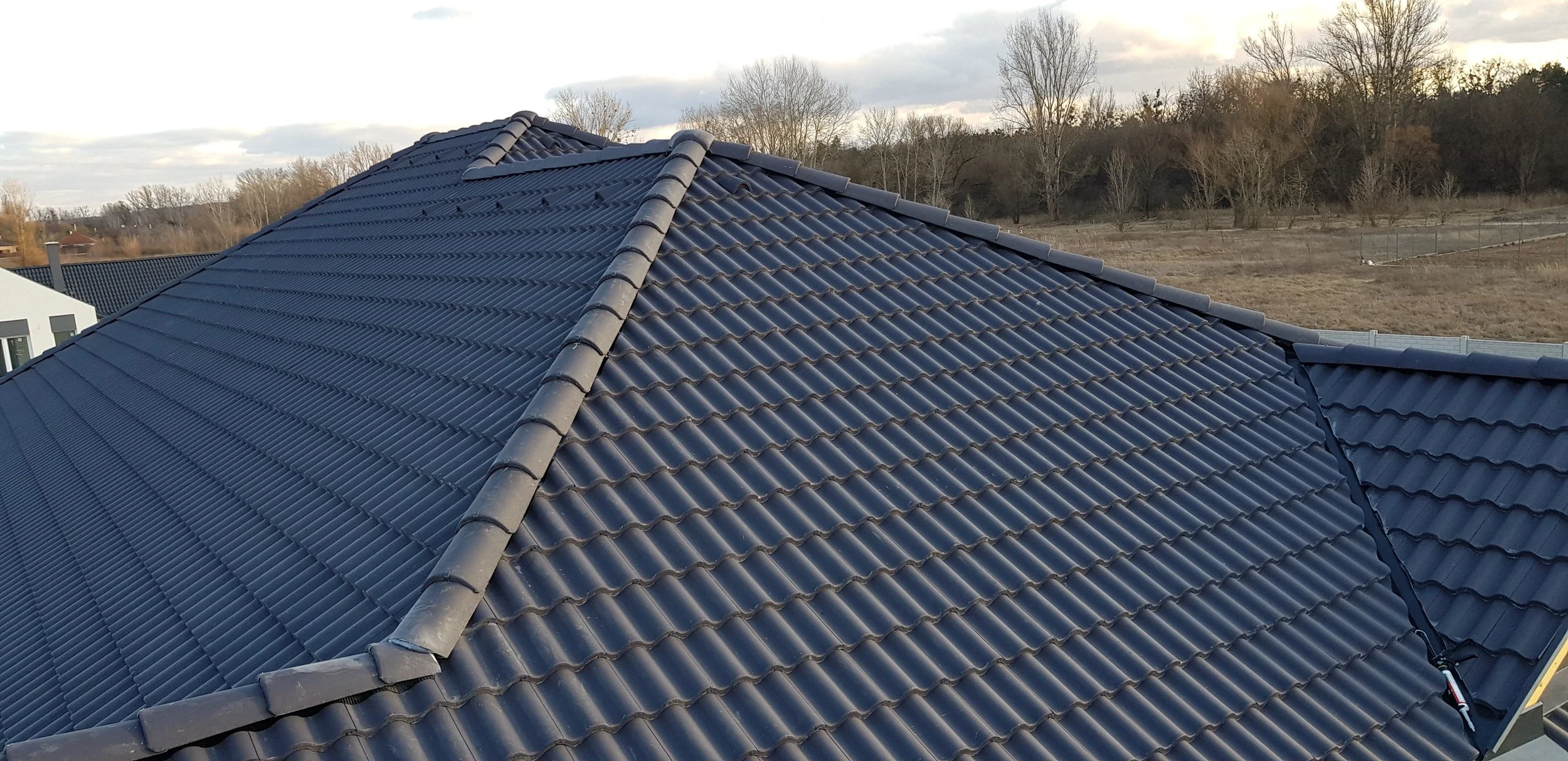 Close-up of a dark gray tiled roof on a house with a ridge in the center, overlooking a rural landscape with leafless trees and a cloudy sky.