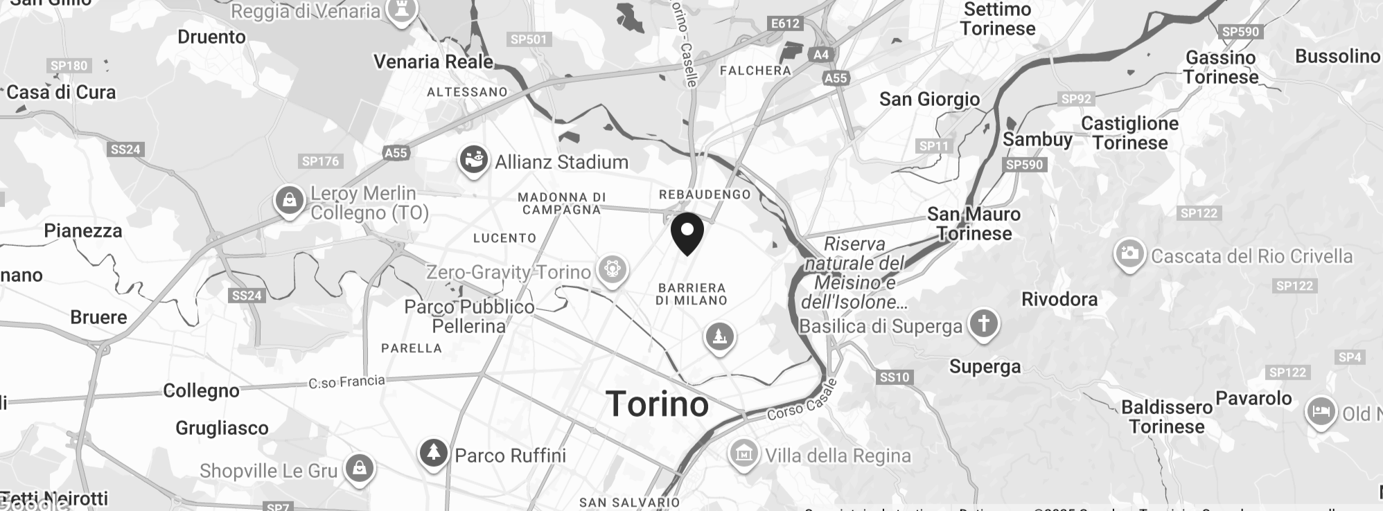 Mappa di Torino con segnaposto per punti di interesse e punti di riferimento