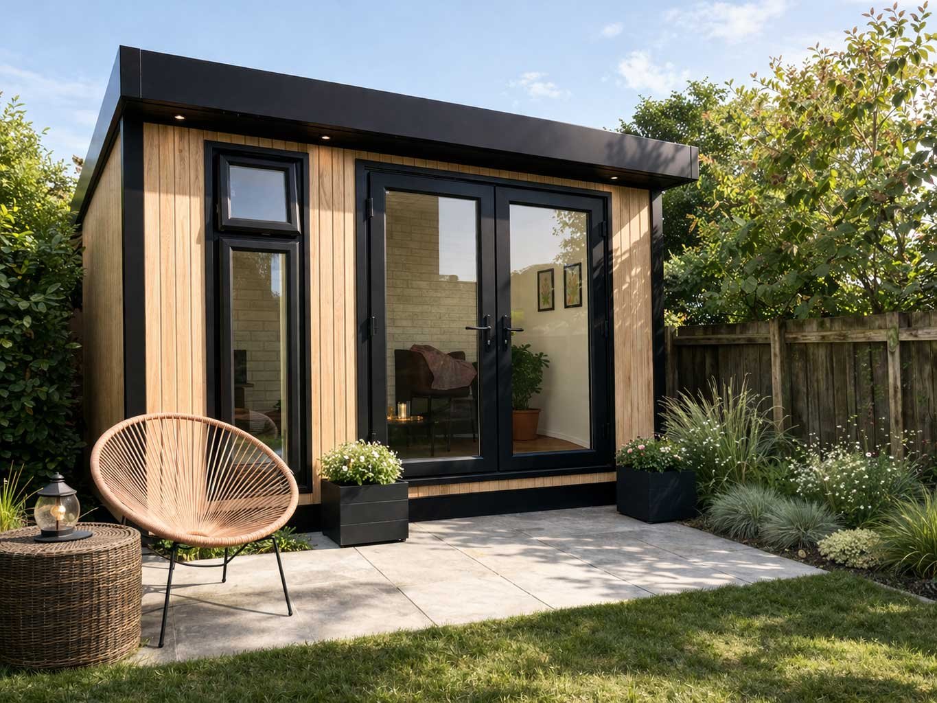 A modern backyard garden with a small wooden garden shed featuring black framing and glass doors, surrounded by greenery, patio furniture, and a wooden fence.