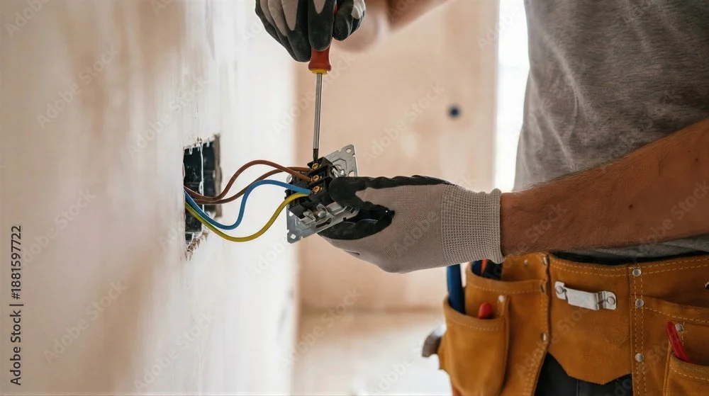 Person installing or repairing electrical wiring with a screwdriver in a wall outlet, wearing gloves and utility belt.