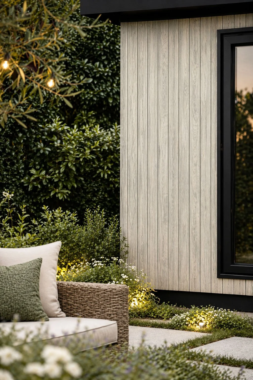 Outdoor modern patio area with wicker sofa, green pillows, lush greenery, white flowers, and soft outdoor lighting, adjacent to a building with a light wood siding and a black-framed window.