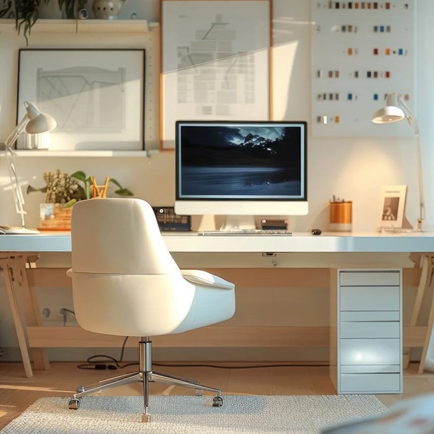 Modern home office with white desk, white swivel chair, computer monitor with landscape image, desk lamp, framed artwork, and organized supplies. Decor includes plants and color samples on wall.