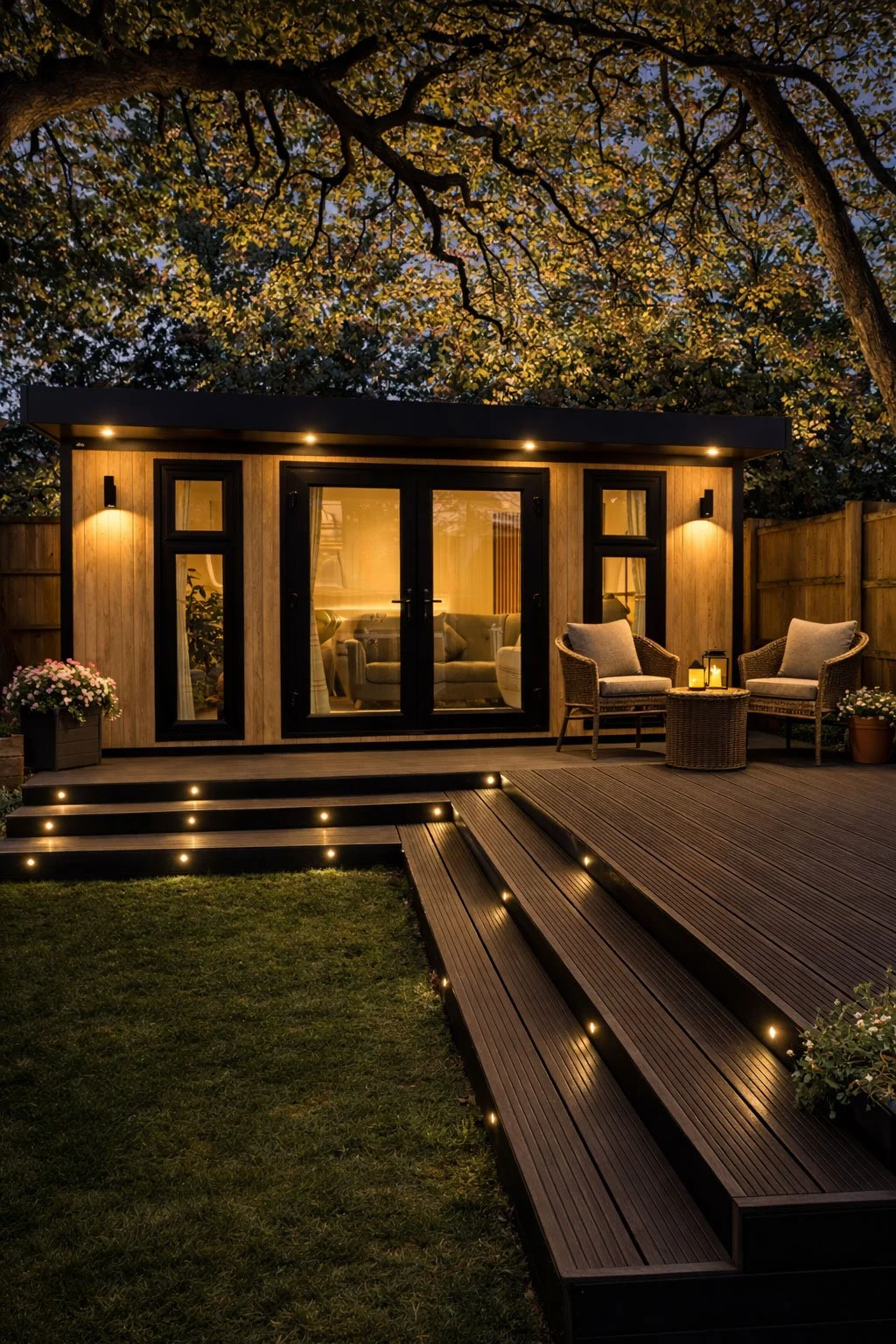A cozy backyard at night featuring a small modern wooden cabin illuminated with warm lighting, surrounded by a wooden deck with built-in lights, chairs with cushions, potted plants, and a large tree with autumn-colored leaves overhead.