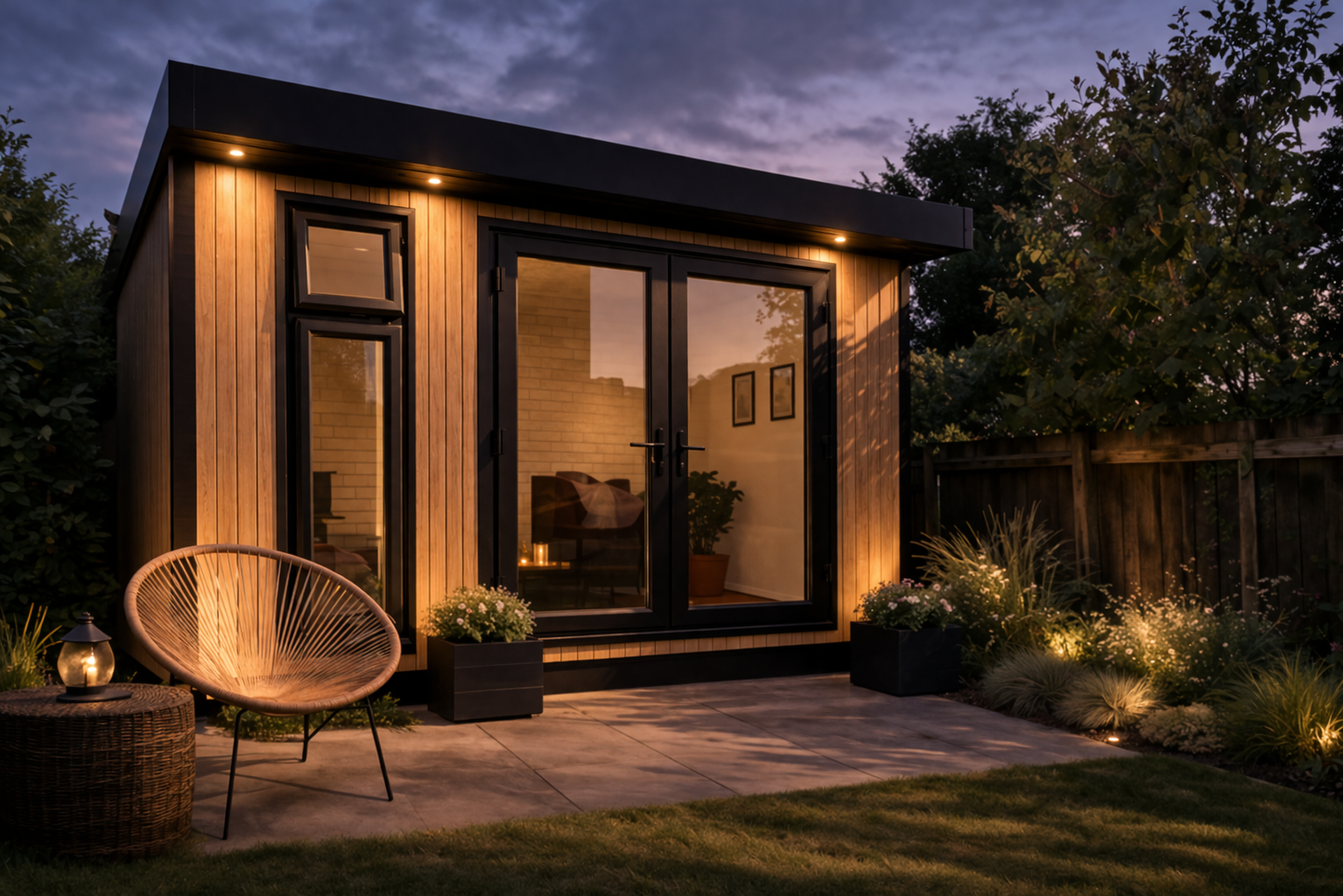 A modern backyard shed with wooden exterior and large glass doors, illuminated by outdoor lights at dusk, with potted plants, a chair, and landscaping surrounded by a wooden fence.