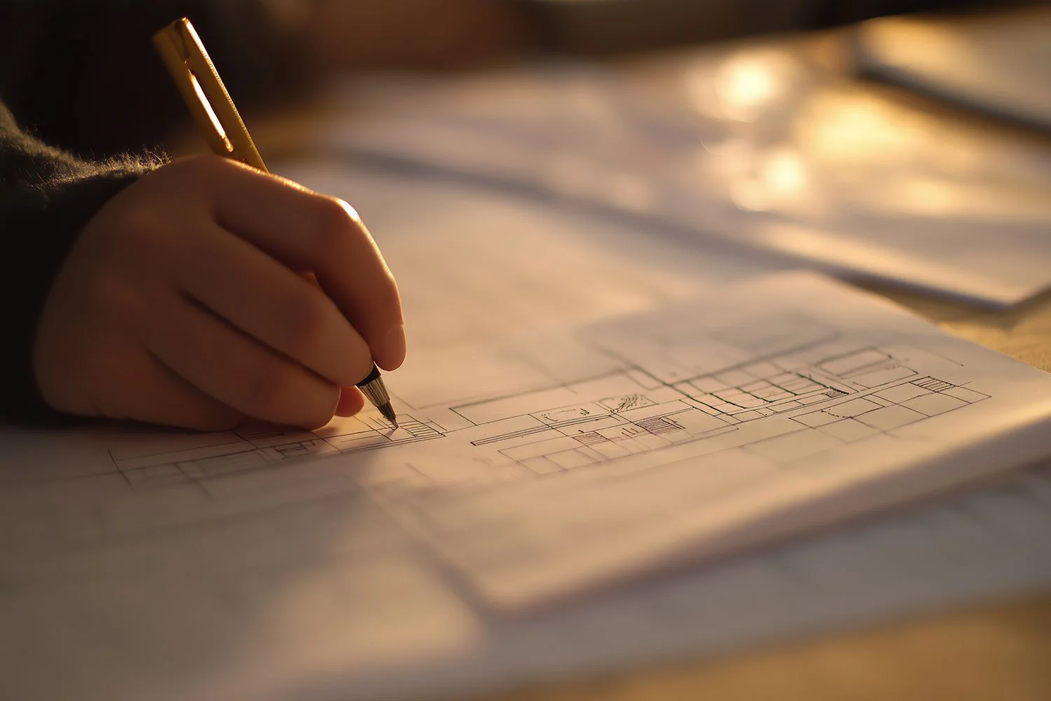 Close-up of a person's hand drawing on architectural blueprints with a pen in warm sunlight.