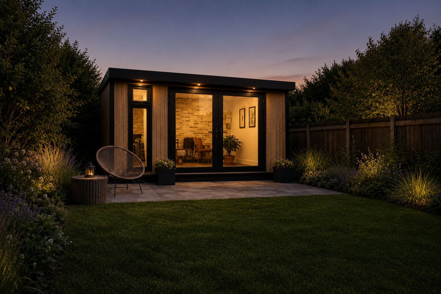 A modern backyard shed with glass doors, illuminated from inside, surrounded by a landscaped garden with outdoor seating, plants, and a wooden fence at dusk.