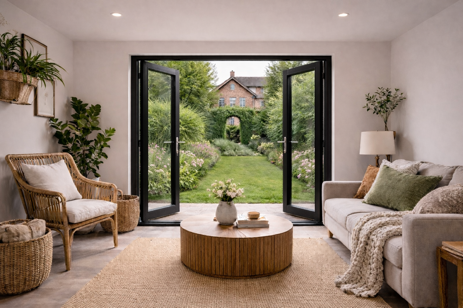 Living room with open glass doors leading to a lush garden with a brick house in the background, white walls, wicker and upholstered furniture, and decorative plants.
