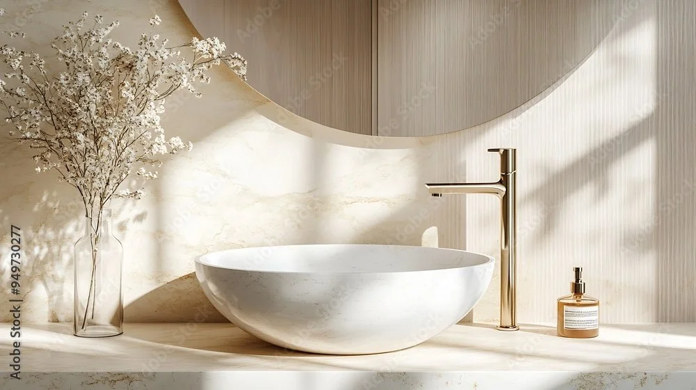 A modern bathroom vanity with a white marble vessel sink, a tall gold faucet, a glass bottle of hand soap, and a glass vase with white flowers, all illuminated by natural light.