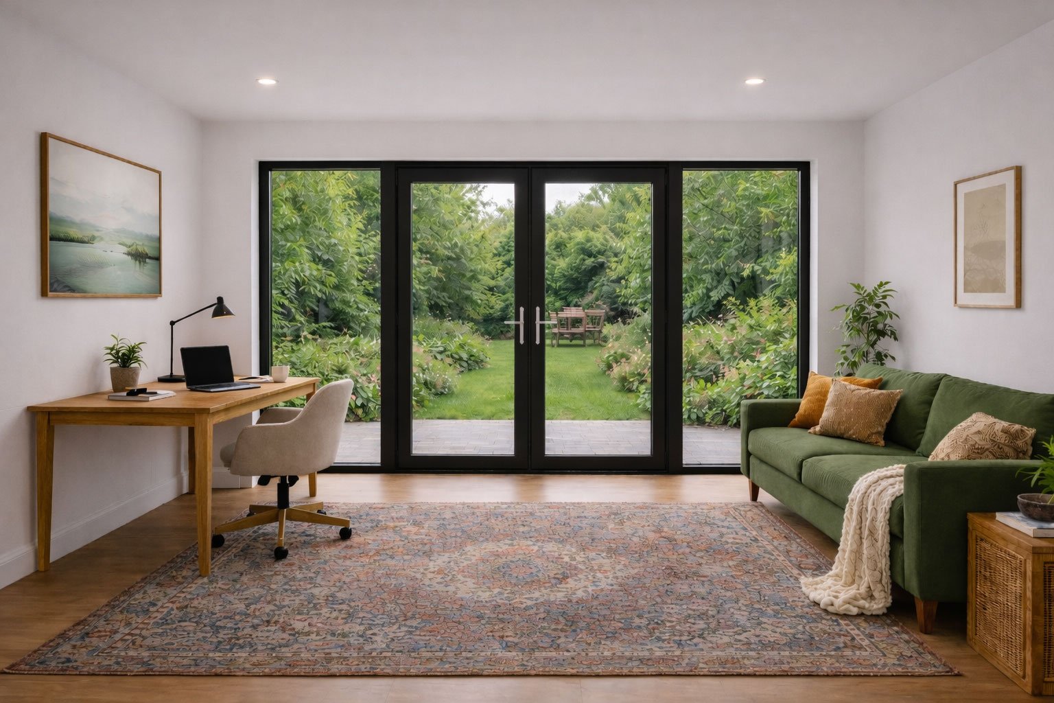 Living room with a large glass sliding door leading to a lush green backyard with a patio and garden. Inside, there is a green sofa with cushions, a wooden side table, a desk with a chair, and wall art, with hardwood floor and a rug.