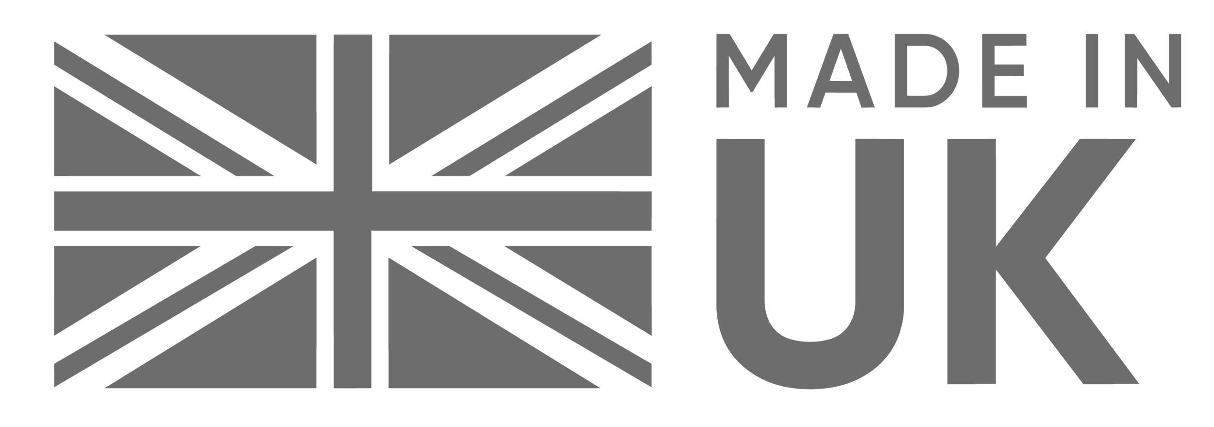 Gray logo with a geometric design resembling a stylized Union Jack flag, and the words 'Made in UK' in bold uppercase letters.