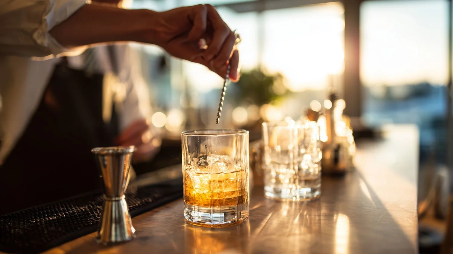 A bartender adding ice to a glass with a dark liquor at a bar during sunset, with a row of glasses and bar tools on the counter.