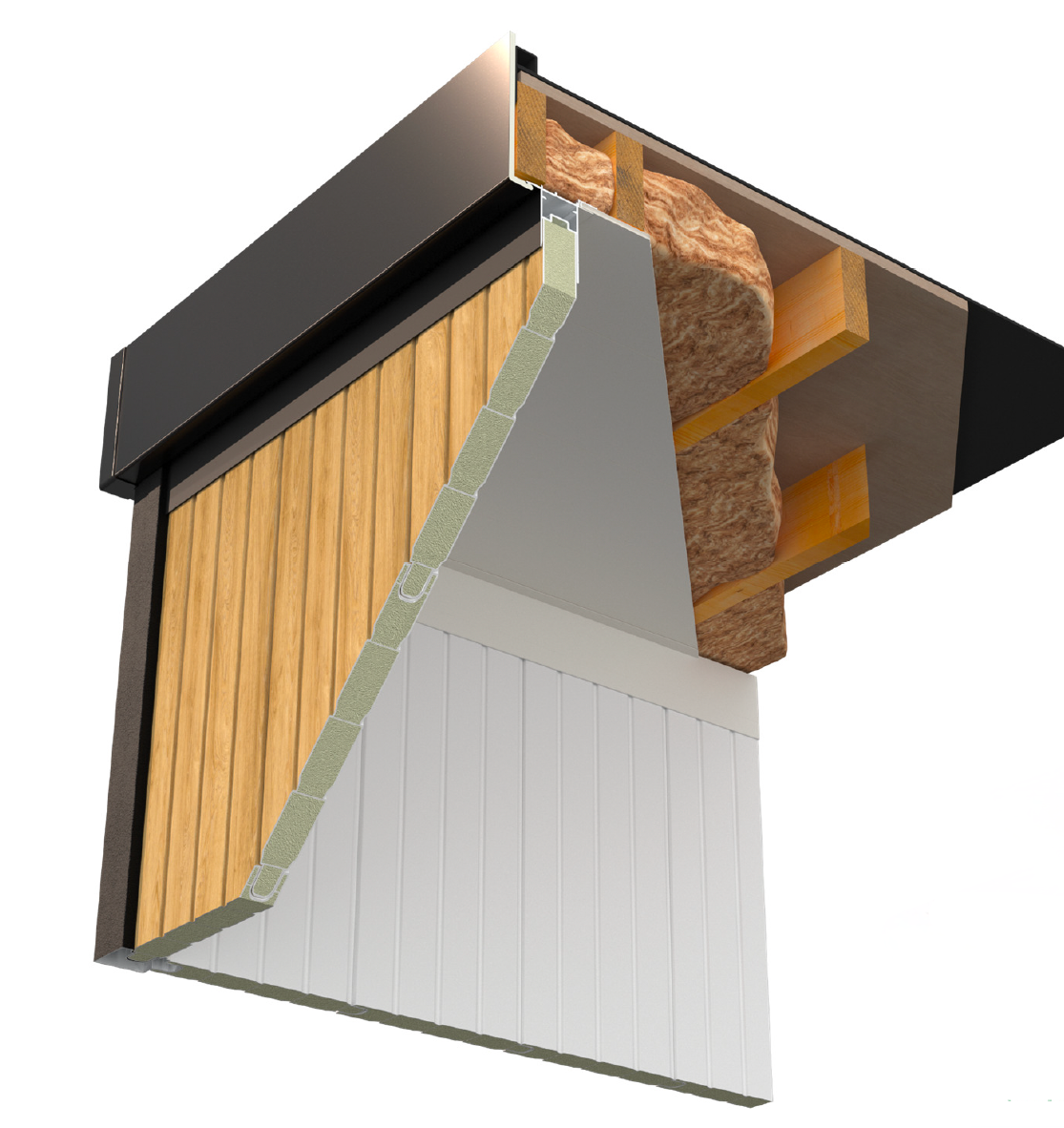 Section view of building wall showing insulation, wood, and exterior cladding layers.