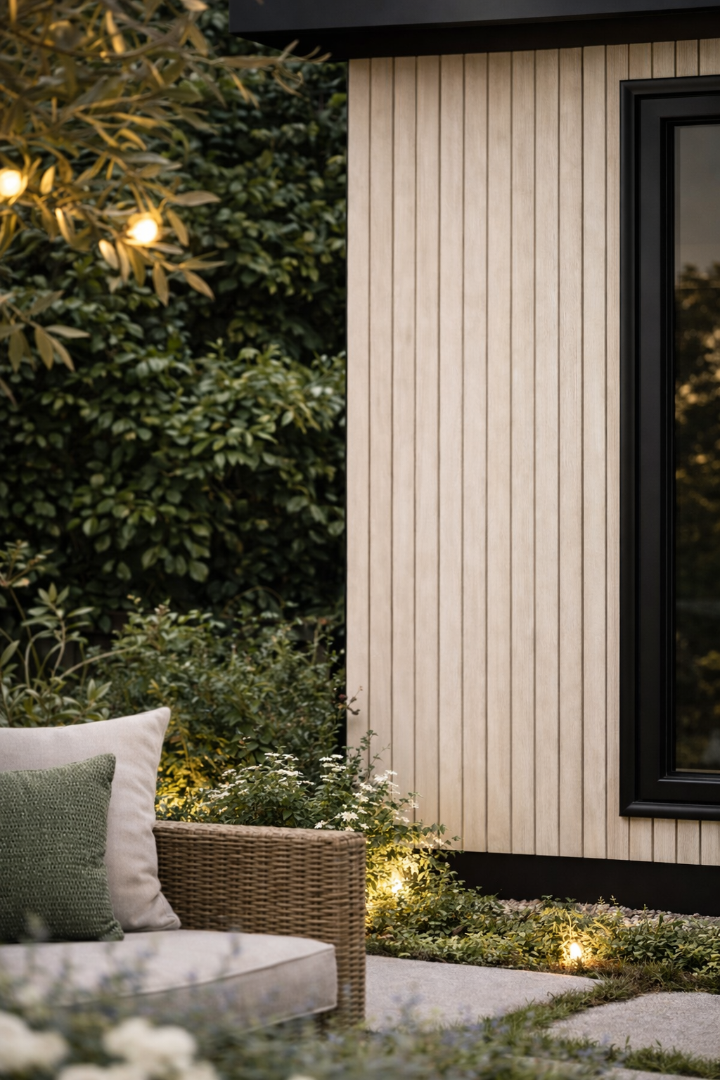 Outdoor patio area with wicker sofa and green cushions, surrounding greenery, modern beige vertical siding house with a black-framed window, and soft outdoor lighting at dusk.