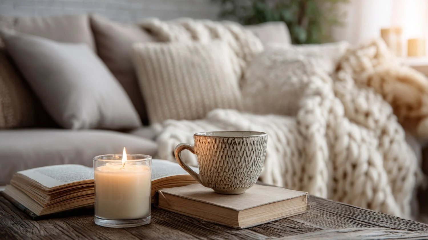 Cozy living room scene with a candle, a mug, and books on a wooden table, with a plush beige sofa and chunky knit blanket in the background, bathed in warm natural light.