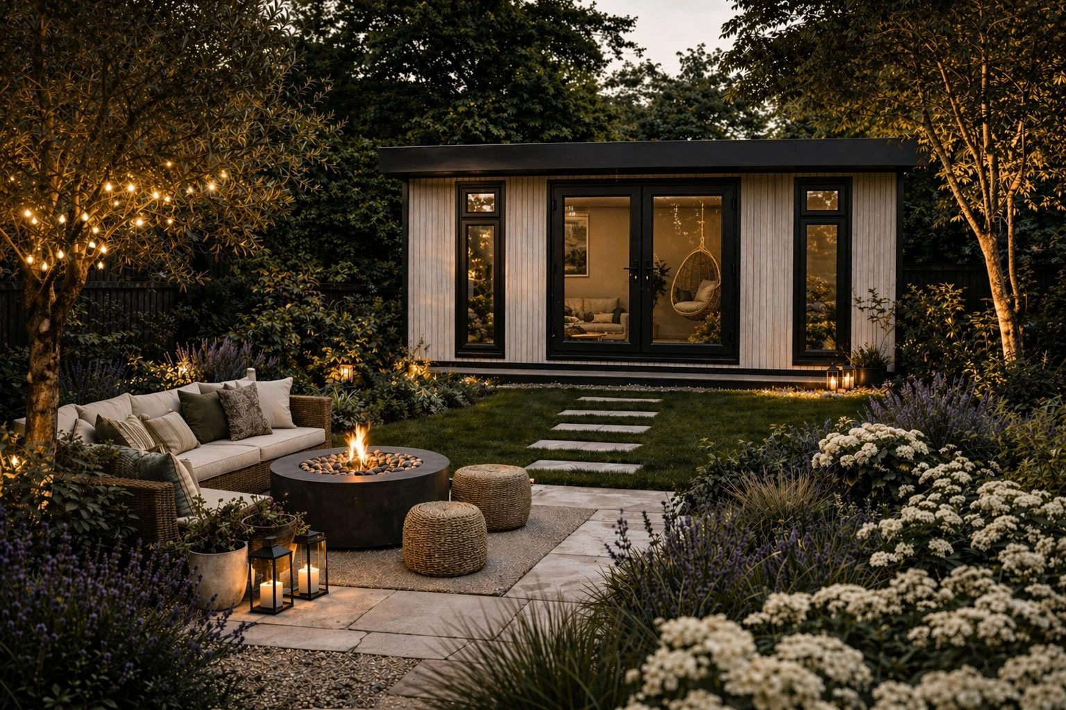 A cozy backyard scene at dusk featuring a modern tiny house with large black-framed windows, an outdoor seating area with a sofa, pillows, a fire pit, and string lights illuminating the garden filled with flowering bushes and trees.