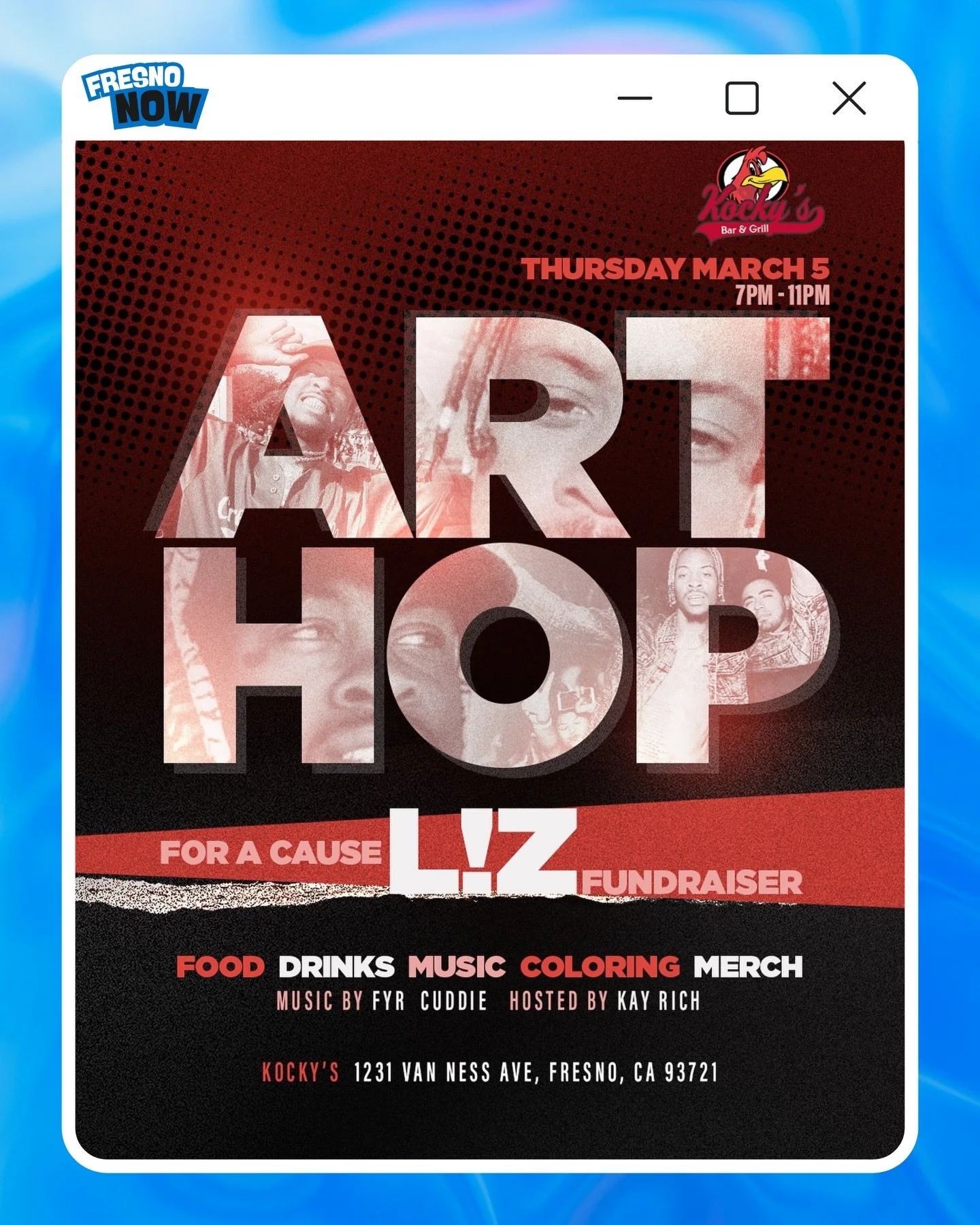 Yoo Fresno‼️ This ArtHop is dedicated to a very special cause as we honor the life and memory of L ! Z. Join the community at Kocky&rsquo;s Bar &amp; Grill to celebrate his legacy and help raise funds, with all proceeds going directly to his loved on