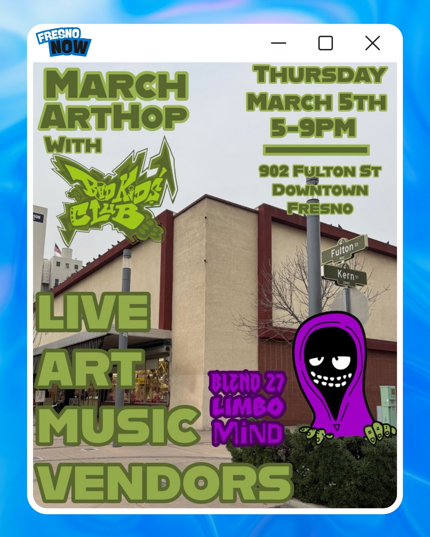 Yoo Fresno‼️ ArtHop is hitting the corner of Kern and Fulton this Thursday, March 5th, and @bad.kids.club is taking over the block. 🏁🎨 Get ready for a night of live art, local vendors, and a heavy nu-metal lineup.

The Vibes
✨ Live Art &amp; Vendor