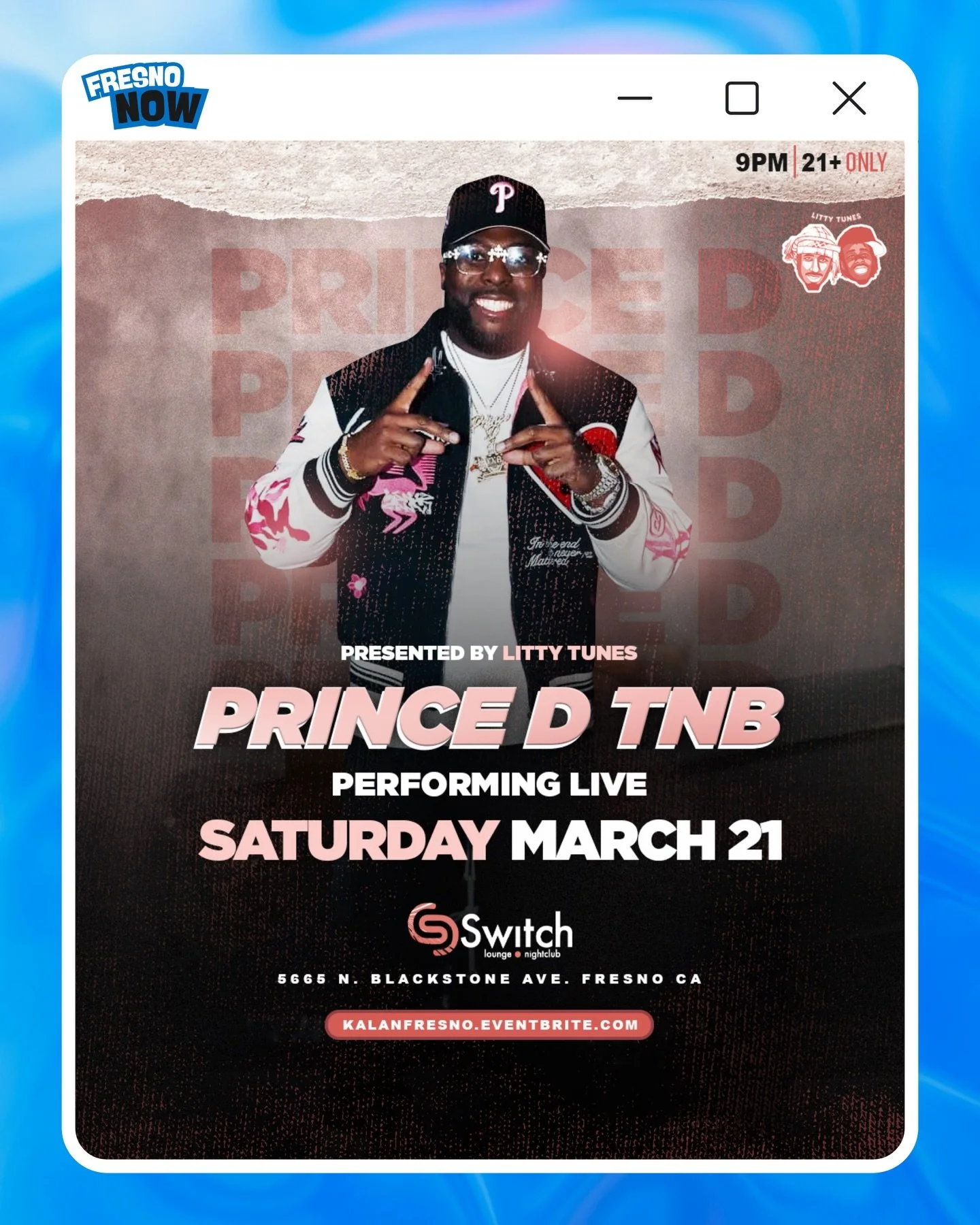 Yoo Fresno‼️Catch @PrinceDTNB performing live on the lineup for @Kalan.FrFr at Switch Lounge &amp; Nightclub on Saturday, March 21st‼️🎤🔥

The Details
📍 Location: Switch Lounge &amp; Nightclub | 5665 N. Blackstone Ave.
🗓️ Date: Saturday, March 21s