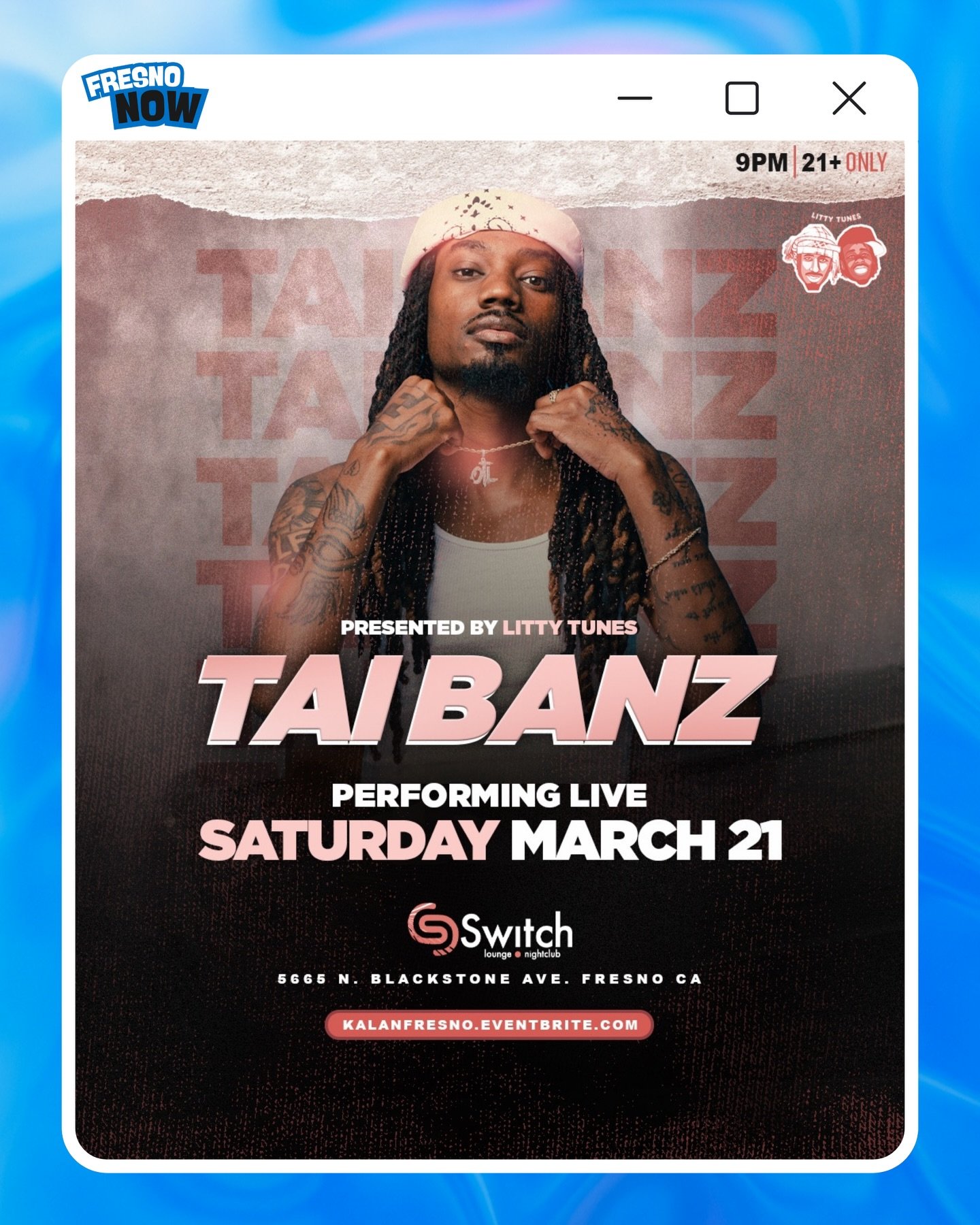 Yoo Fresno‼️Catch @Ow_TaiBanz performing live on the lineup for @Kalan.FrFr at Switch Lounge &amp; Nightclub on Saturday, March 21st‼️🎤🔥

The Details
📍 Location: Switch Lounge &amp; Nightclub | 5665 N. Blackstone Ave.
🗓️ Date: Saturday, March 21s