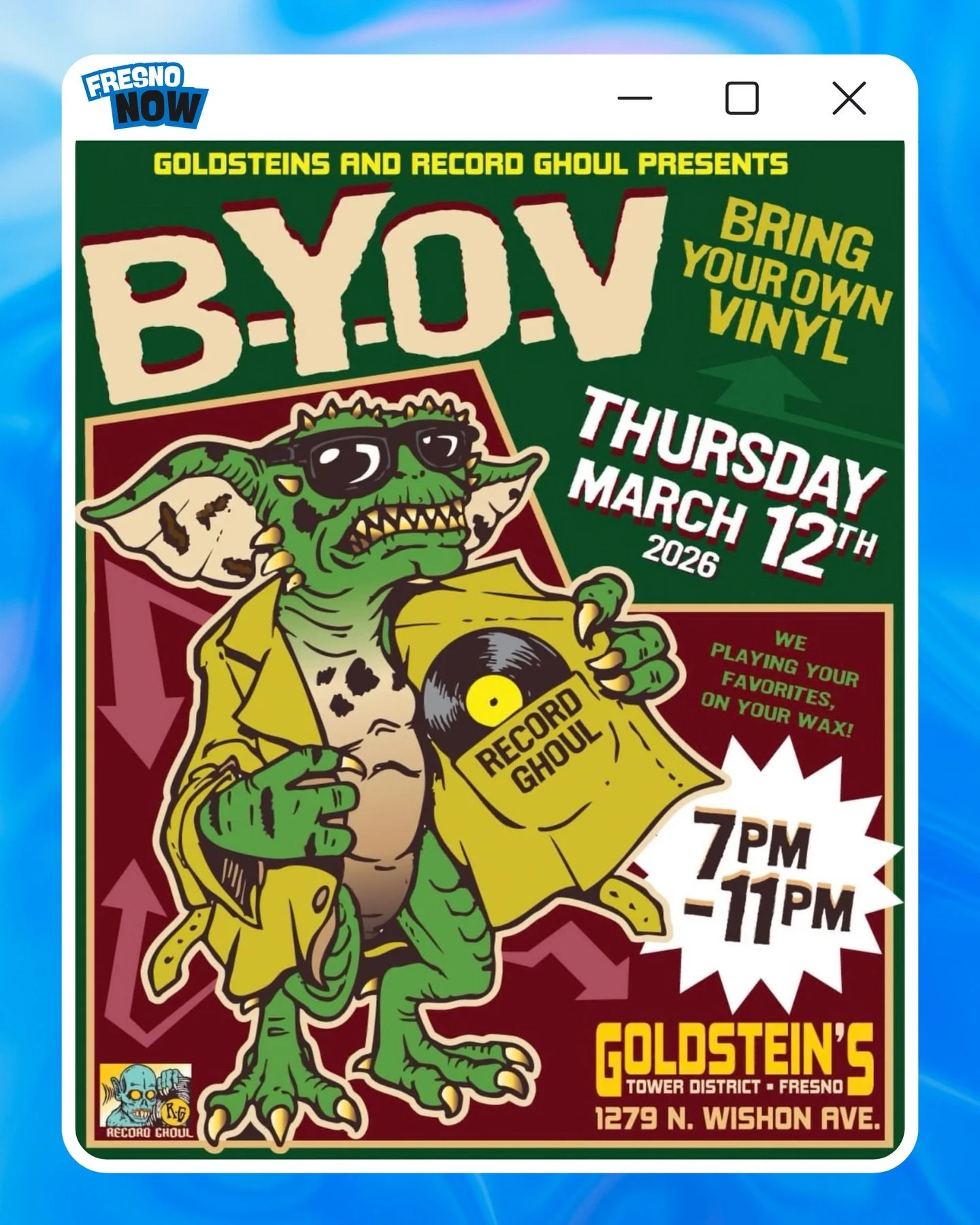 Yoo Fresno‼️Bring Your Own Vinyl is back this Thursday at Goldstein&rsquo;s‼️ 💿👹 

Early arrival is suggested because the queue fills up quick&mdash;get your records in early! 🫡

The Details
📍 Location: Goldstein&rsquo;s | 1279 N. Wishon Ave.
🗓️