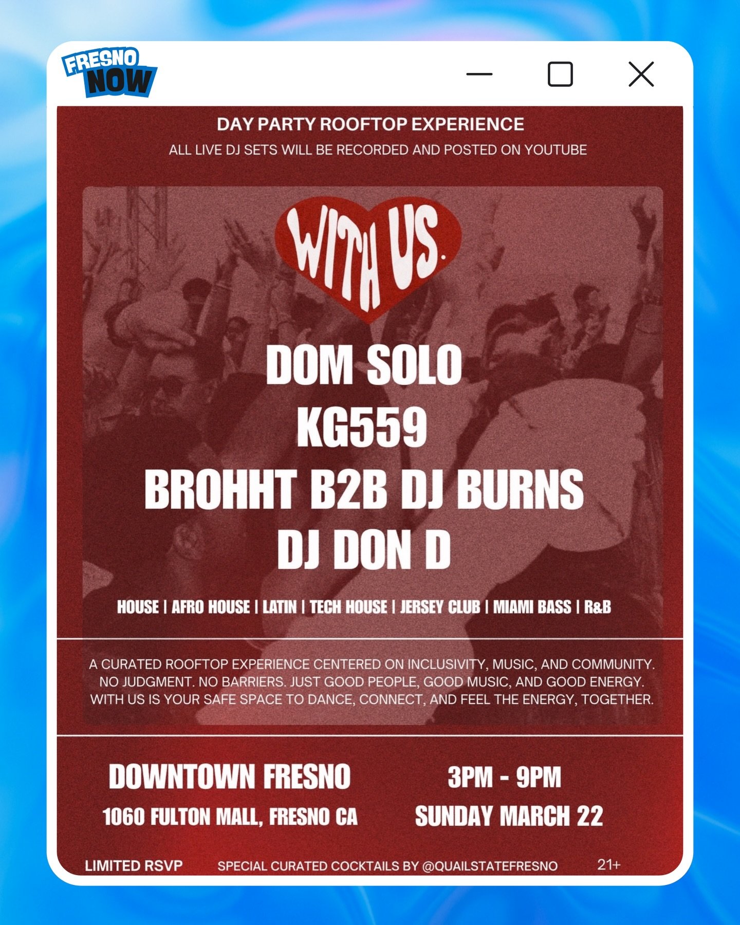 Yoo Fresno‼️The lineup is HERE for the With Us Day Party Rooftop Experience at Quail State‼️ 

💿🔥 Catch five DJs making their With Us debut in a safe space to dance, connect, and feel the energy together.

The Details
📍 Location: Quail State | 106
