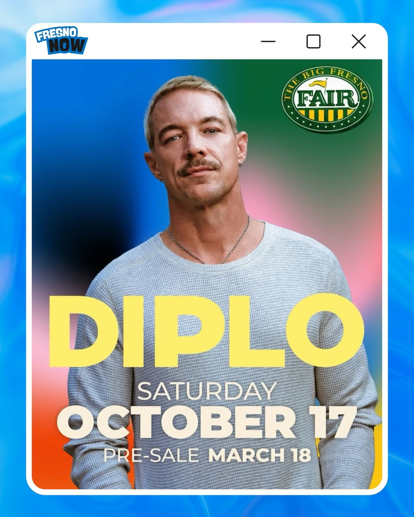 Yoo Fresno‼️Diplo is coming to The Big Fresno Fair on Saturday, October 17th‼️

🎧🔥 Mark your calendars because this is going to be a massive night‼️

The Details
📍 Location: The Big Fresno Fair
🗓️ Date: Saturday, October 17th
🎟️ Tickets: Link av