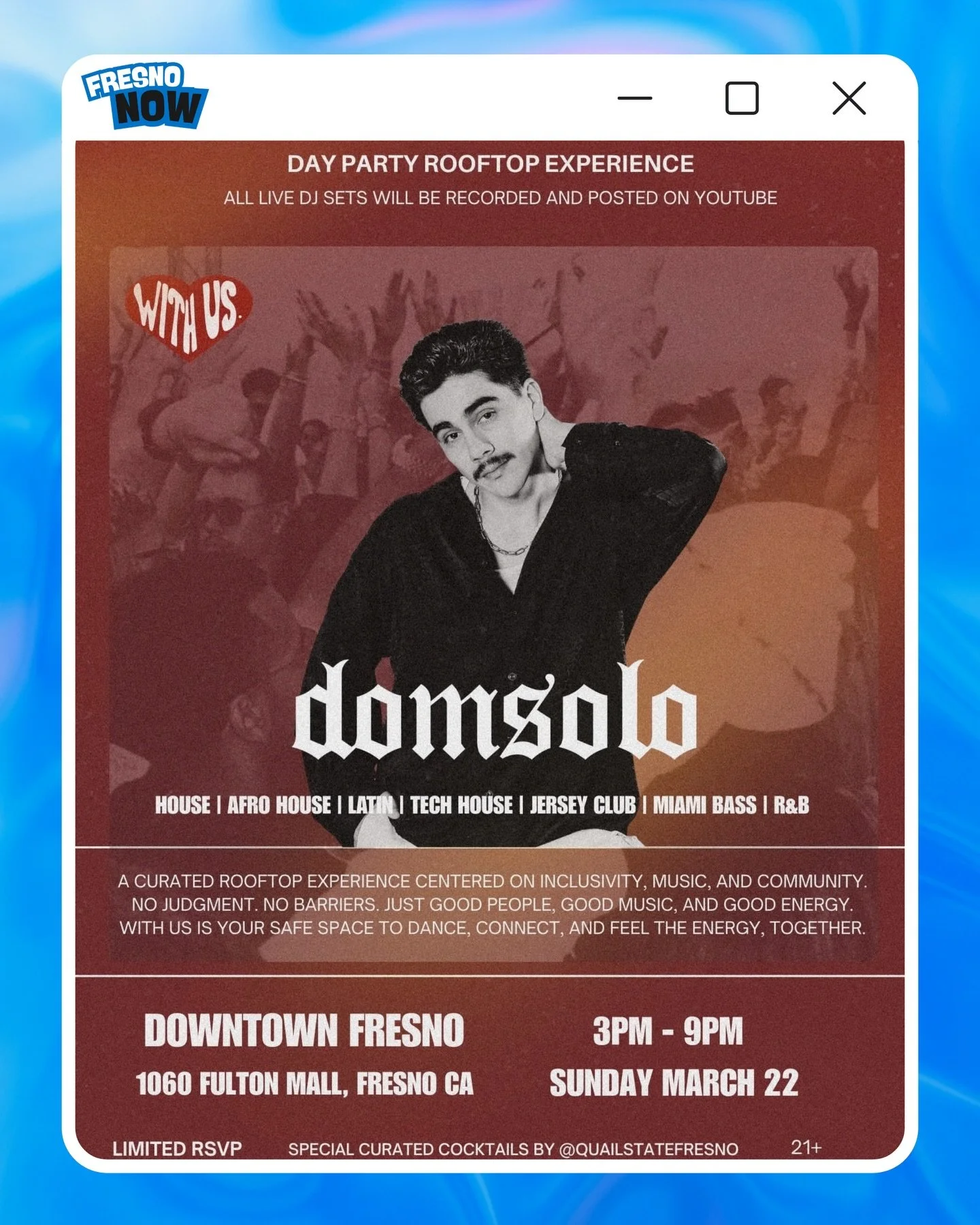 Yoo Fresno‼️Catch @dommsolo making their With Us debut at the Quail State Rooftop on Sunday, March 22nd‼️ 💿🔥 Get ready for those House and Afro House vibes to take over the roof!

The Details
📍 Location: Quail State | 1060 Fulton Mall
🗓️ Date: Su