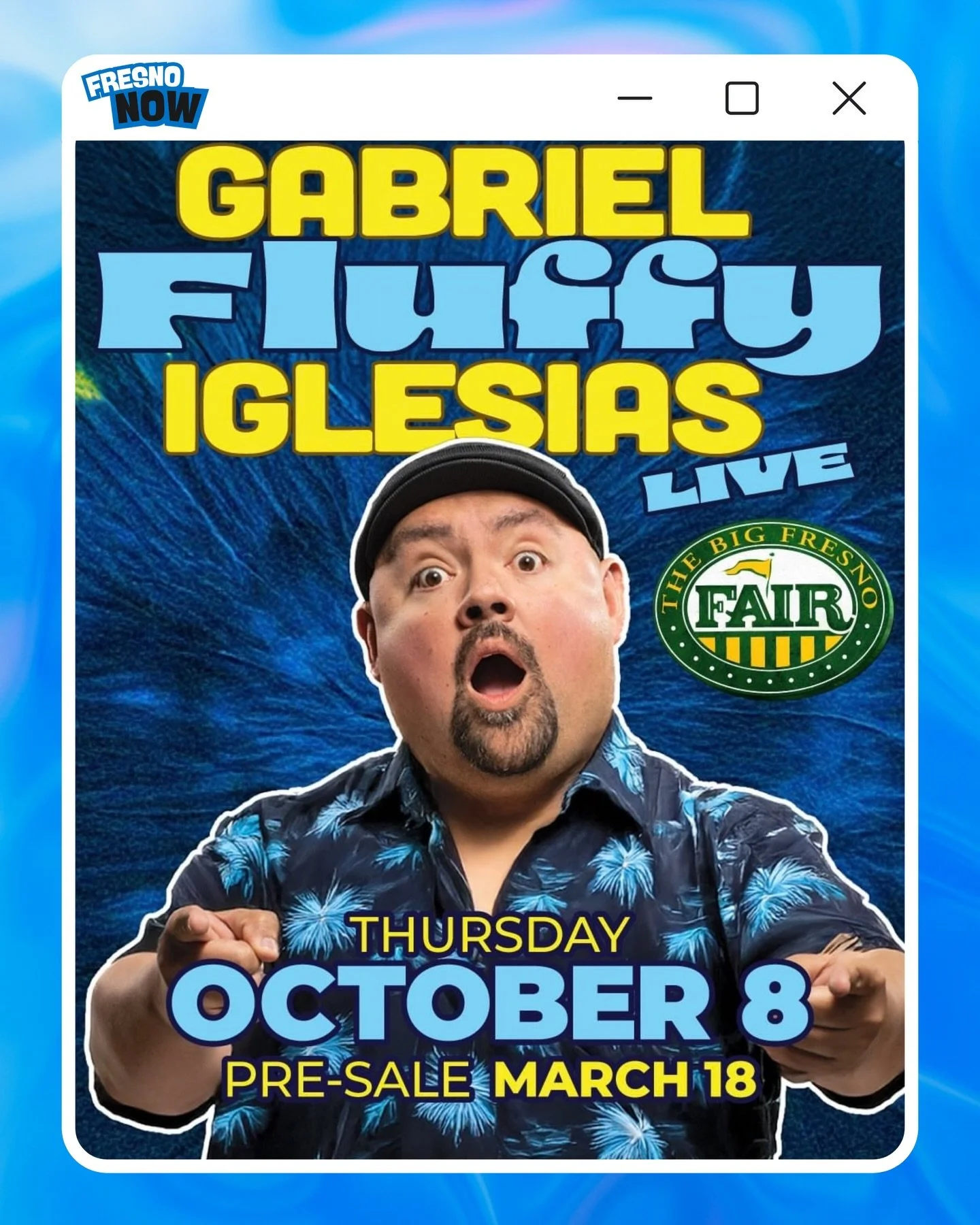 Yoo Fresno‼️ After nearly a decade, Gabriel &ldquo;Fluffy&rdquo; Iglesias is returning to The Big Fresno Fair on Thursday, October 8th‼️ 🎤🔥

The Details
📍 Location: The Big Fresno Fair
🗓️ Date: Thursday, October 8th
⏰ Time: Show starts at 7:00 PM